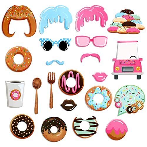 22 Pcs Donut Birthday Props, Donut Photo Booth Props, DIY Donut Birthday Party Selfie Props, Theme Birthday Party Celebration and Decoration
