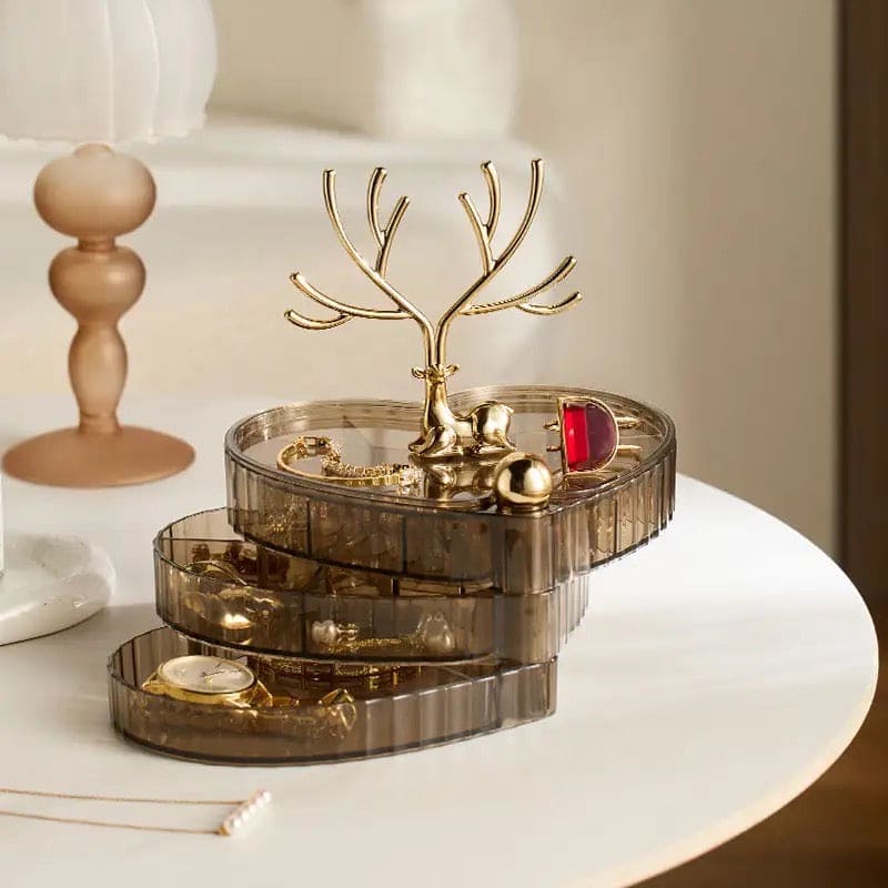 Little Deer Jewellery Organizer, 3 Layer Rotating Necklace Jewelry Box, Light Luxury Heart Desktop Sundries Makeup Organizer, Elegant Decorative Necklace Earrings Bracelet Container, Acrylic Jewelry Display Stand, Large Capacity Striped Box