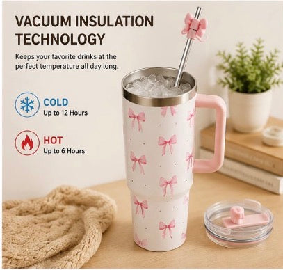 1200ml Bow Design Insulated Tumbler, Cute Bow Print Stainless Steel Tumbler, Cute Girly Bow Print Thermal Cup, Bow Pattern Thermal Travel Mug