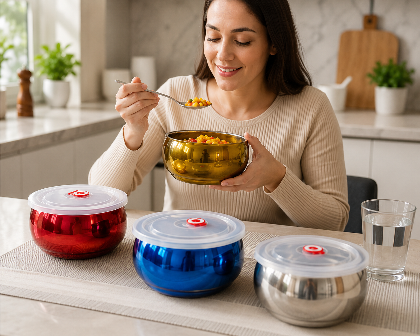 Stainless Steel Serving Bowl with Vacuum Lid, Insulated Steel Food Storage Bowl, Salad Mixing Bowl Set, Food Cooking Bowl Set