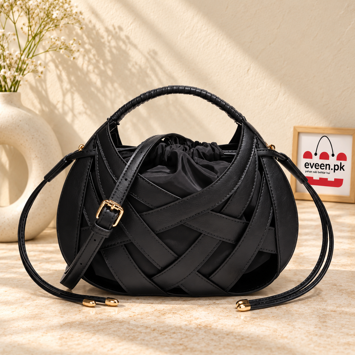 Luxe Woven Crisscross Handbag with Shoulder Strap