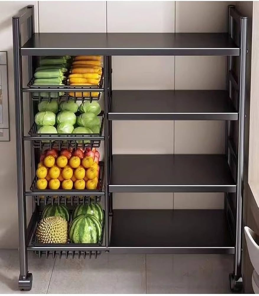 Multi Layer Storage Rolling Cart, Moveable Kitchen Storage Rack With Baskets, Multifunctional Kitchen Organizer