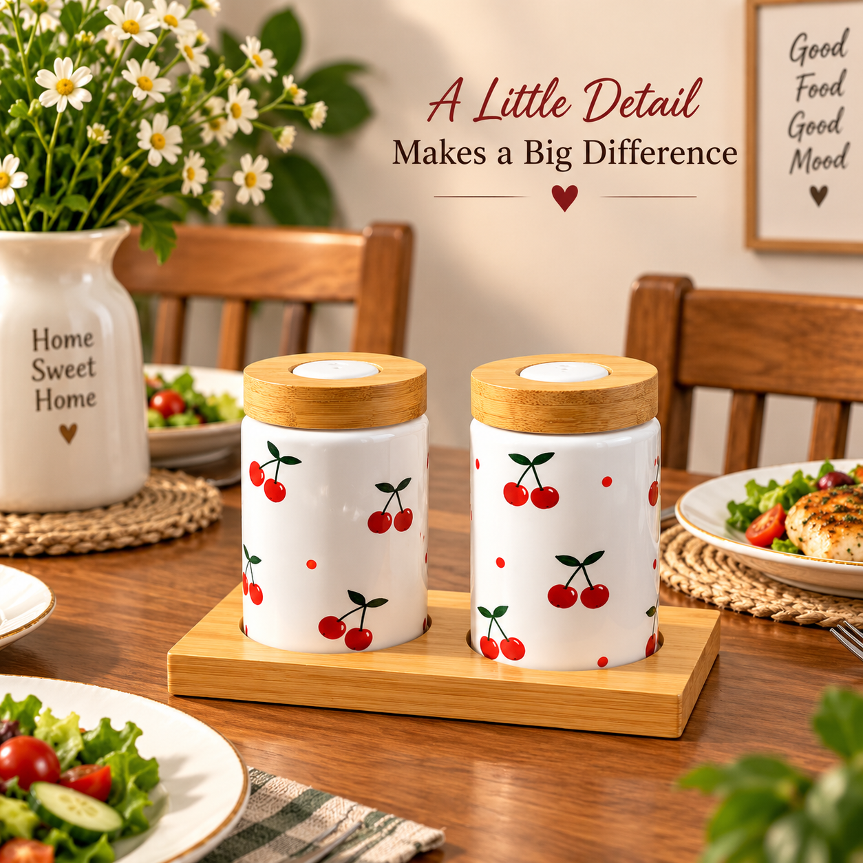 Cherry Print Ceramic Salt & Pepper Shaker Set, Salt Pepper Jar Set with Bamboo Stand, Cute Cherry Salt And Pepper Pots, Kitchen Organizer