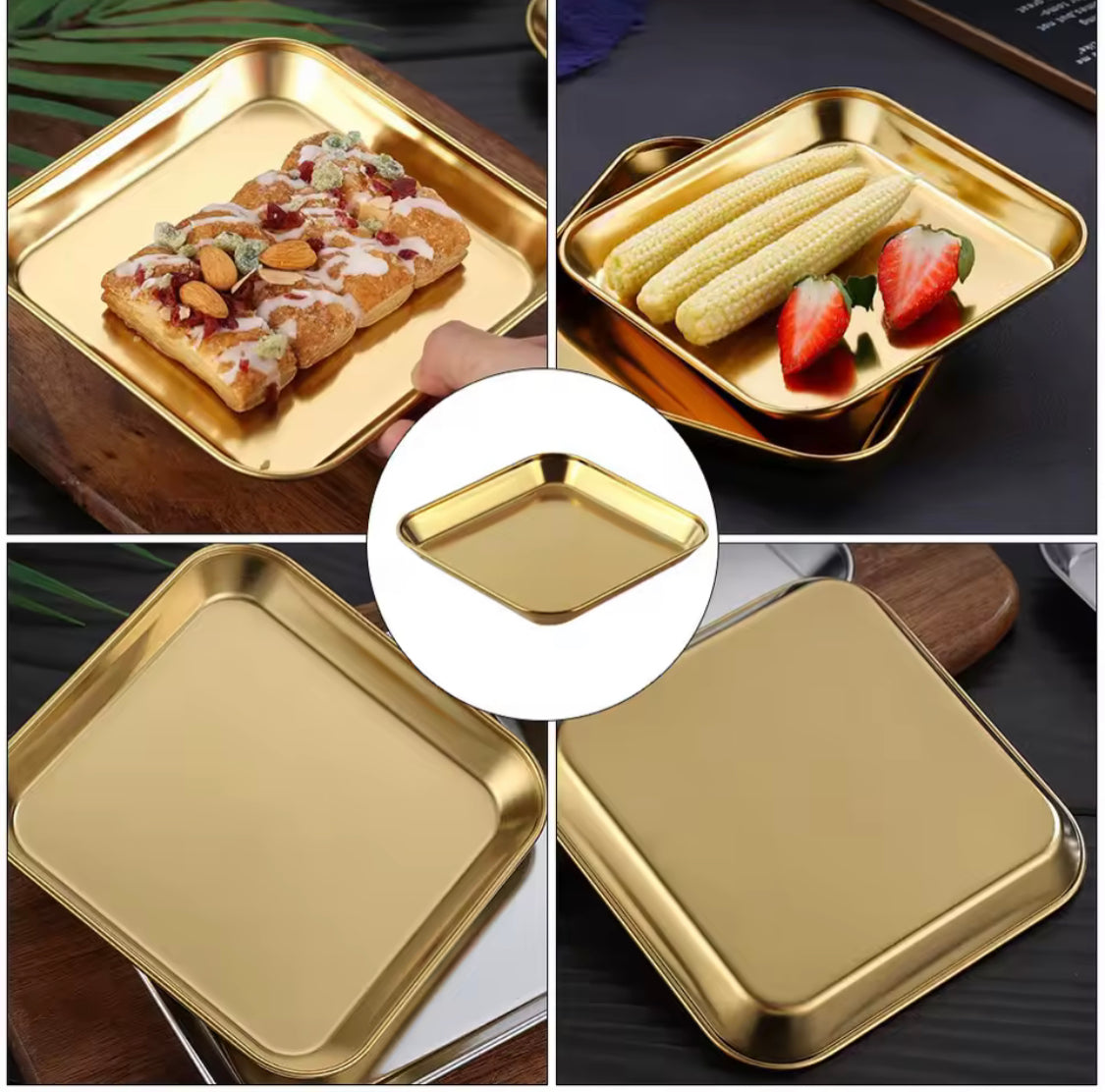 Luxury Square Stainless Steel Serving Tray, Snack Dish Serving Plate, Multipurpose Food Plate