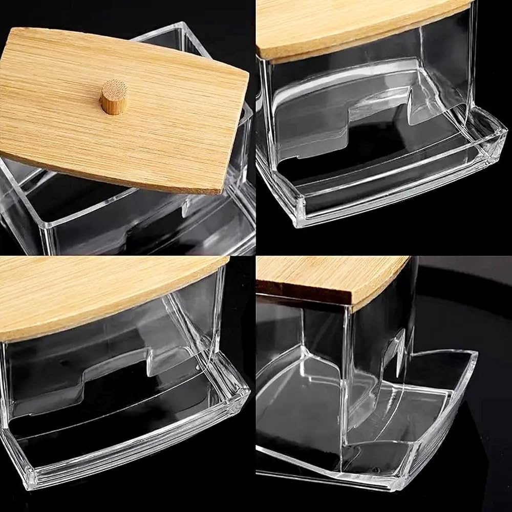 Acrylic Cotton Swab Holder with Bamboo Lid, Transparent Cotton Swab Dispenser, Decorative Cotton Bud Storage Container