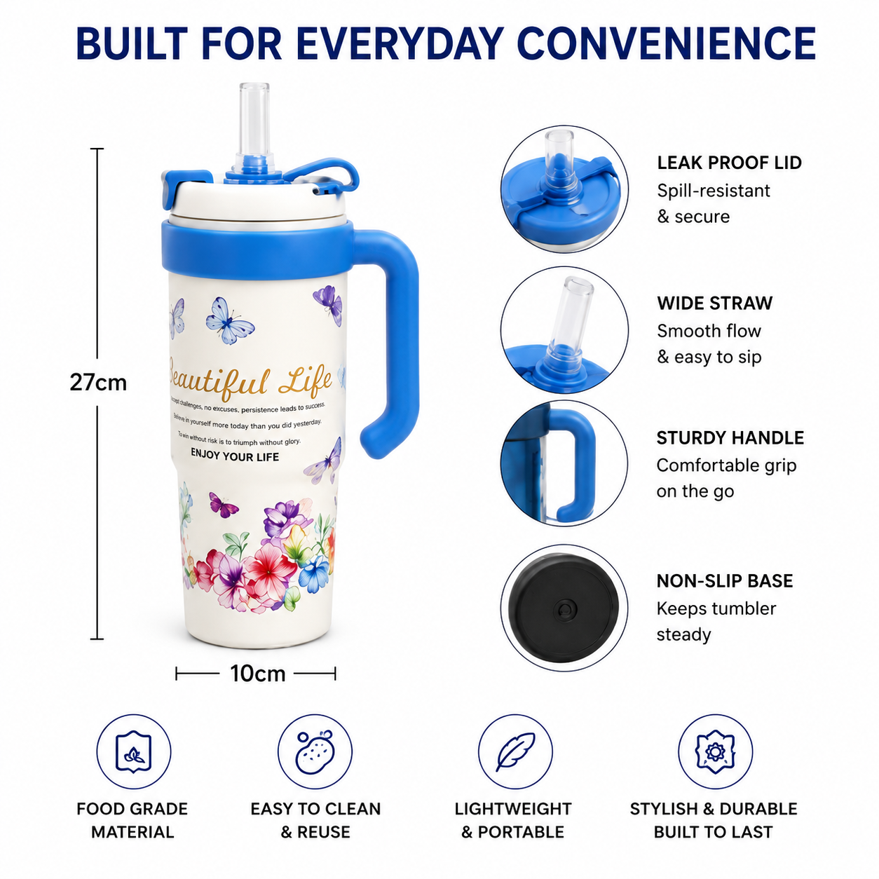 Insulated Vacuum Floral Tumbler with Handle, 1000ml Leak Proof Stainless Steel Travel Water Bottle, Floral Thermos Tumbler with Straw & Handle