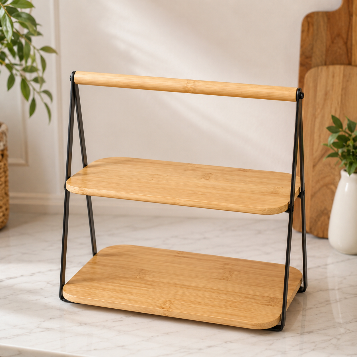 2 Tier Kitchen Countertop Organizer, Multi Purpose Storage Rack, Luxury Bamboo Serving Display Stand, Tabletop Storage Stand