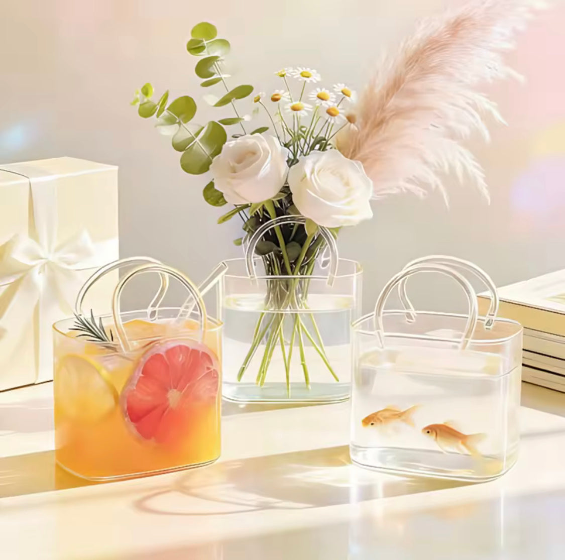 Portable Glass Sipper Bag With Straw, Aesthetic Glass Sipper Mug With Handle, Modern Glass Handbag Cup, Glass Purse Sipper With Straw