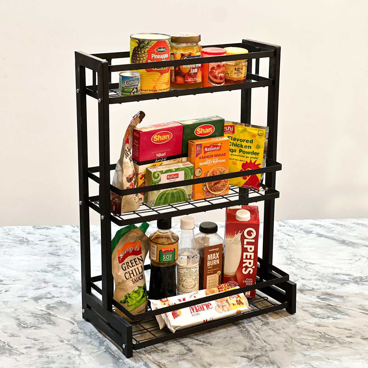 3 Tier Kitchen Organizer Rack, Kitchen Metal Storage Shelf, Corner Shelf Stackable Organizer
