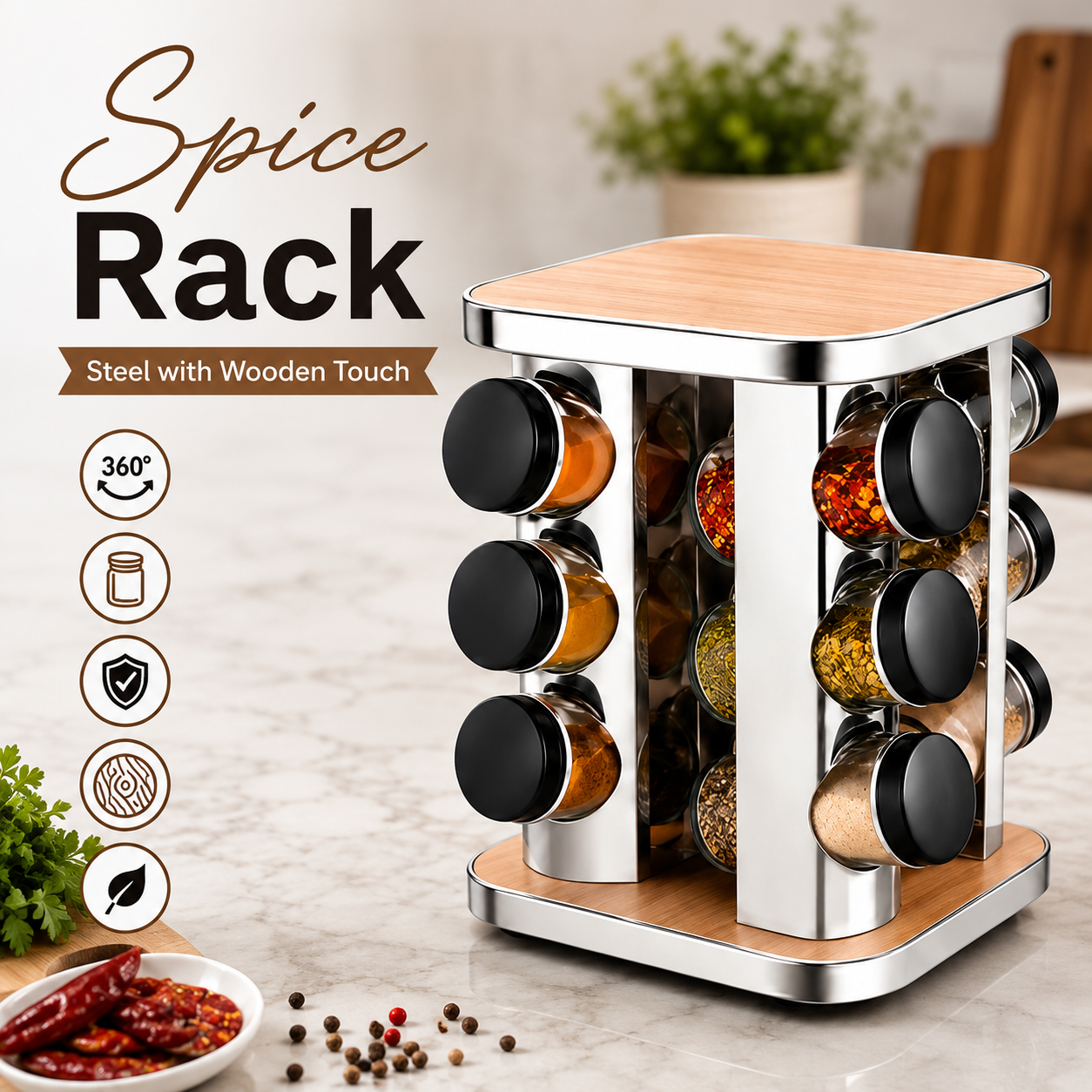 Stainless Steel Rotating Spice Rack with Wooden Top, Rotating Spice Carousel with Glass Jars, Multipurpose Seasoning Rack Organizer, Elegant Wooden Touch Spice Rack Set