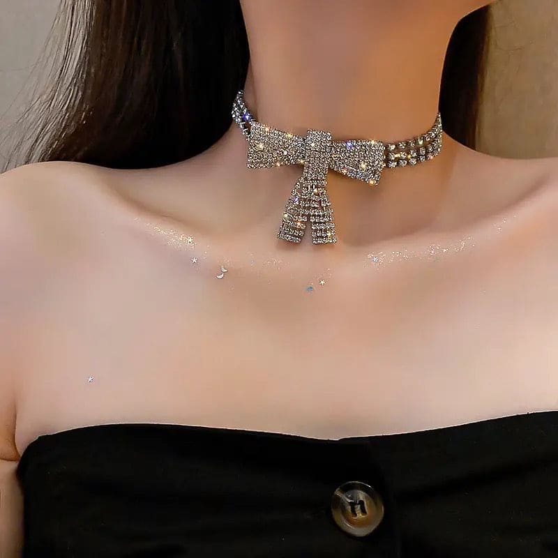 Shiny Crystal Bowknot Necklace, Long Tassel Rhinestone Necklaces, Luxurious Bowknot Pendant Necklace, Sparking Crystal Pave Bowknot Pendant, 3D Bowknot Pendant Necklace Jewellery