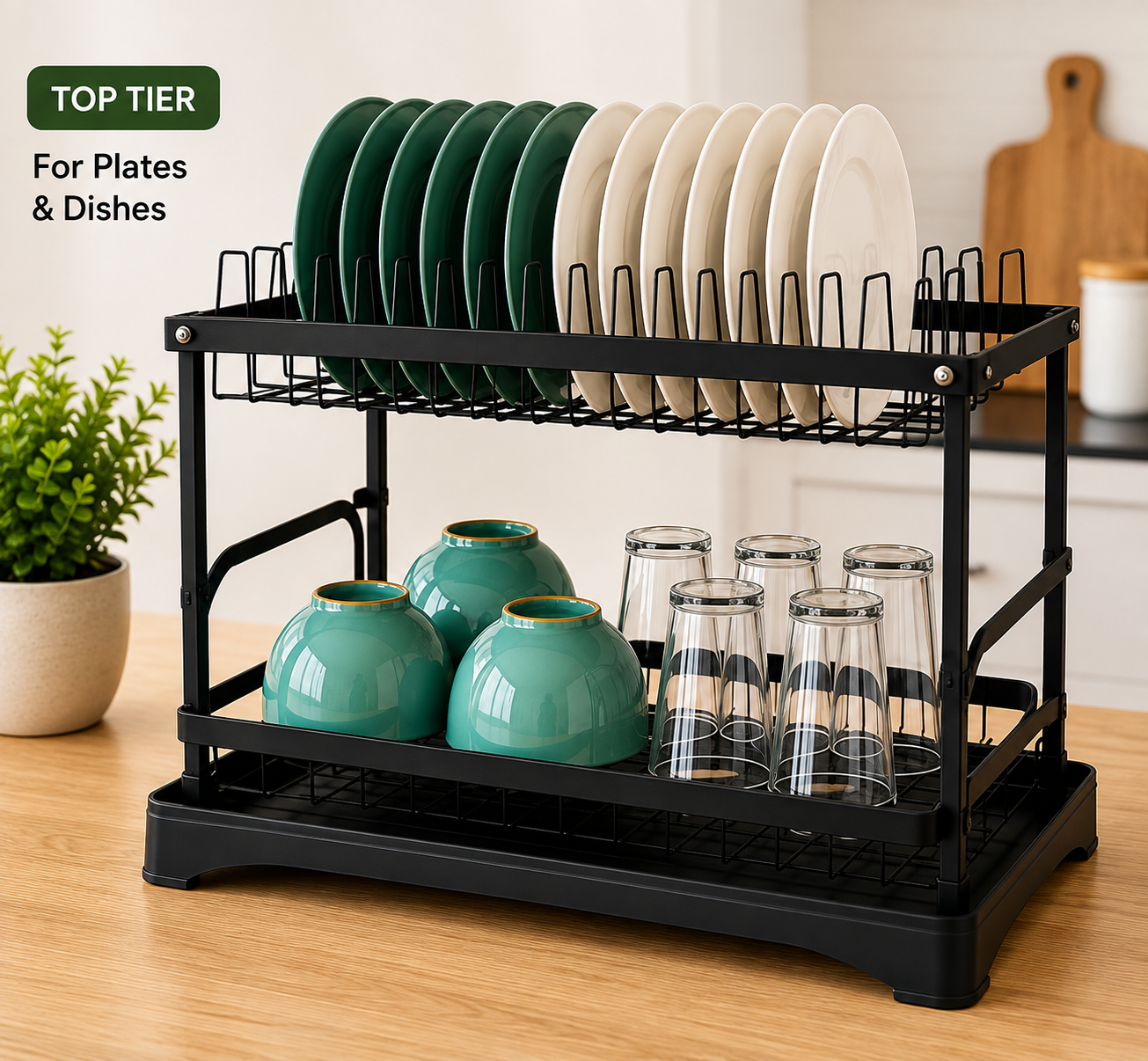 2 Tier Kitchen Dish Rack, Kitchen Countertop Dish Organizer, Space Saving Dish Drying Rack, Kitchen Dish Storage And Drying Rack