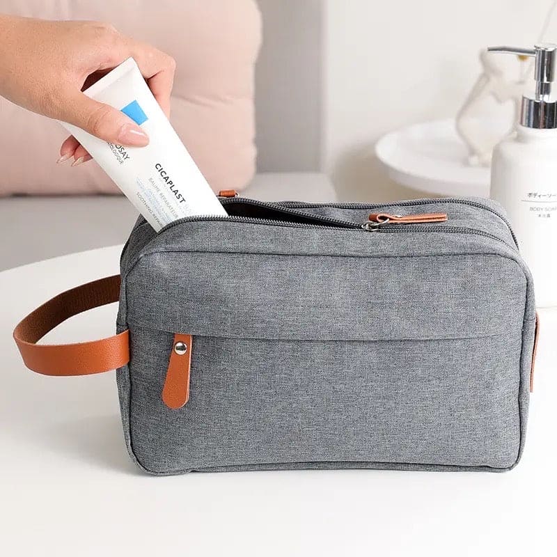 Casual Canvas Cosmetic Bag, Double Layer Large Capacity Cosmetic Bag, Leather Travel Toiletry Bag, Multipurpose Travel Storage Pouch, Waterproof Beauty Wash Kit, Cleanser Stuff Organizer Pouch, Men Women Storage Bag
