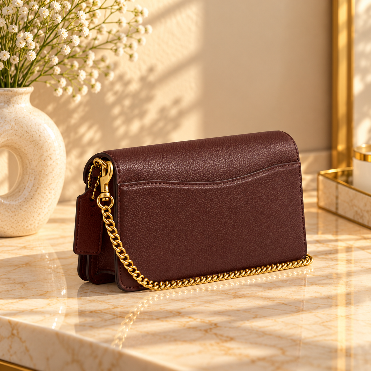 Leather Textured C Clasp Shoulder Bag With Chain