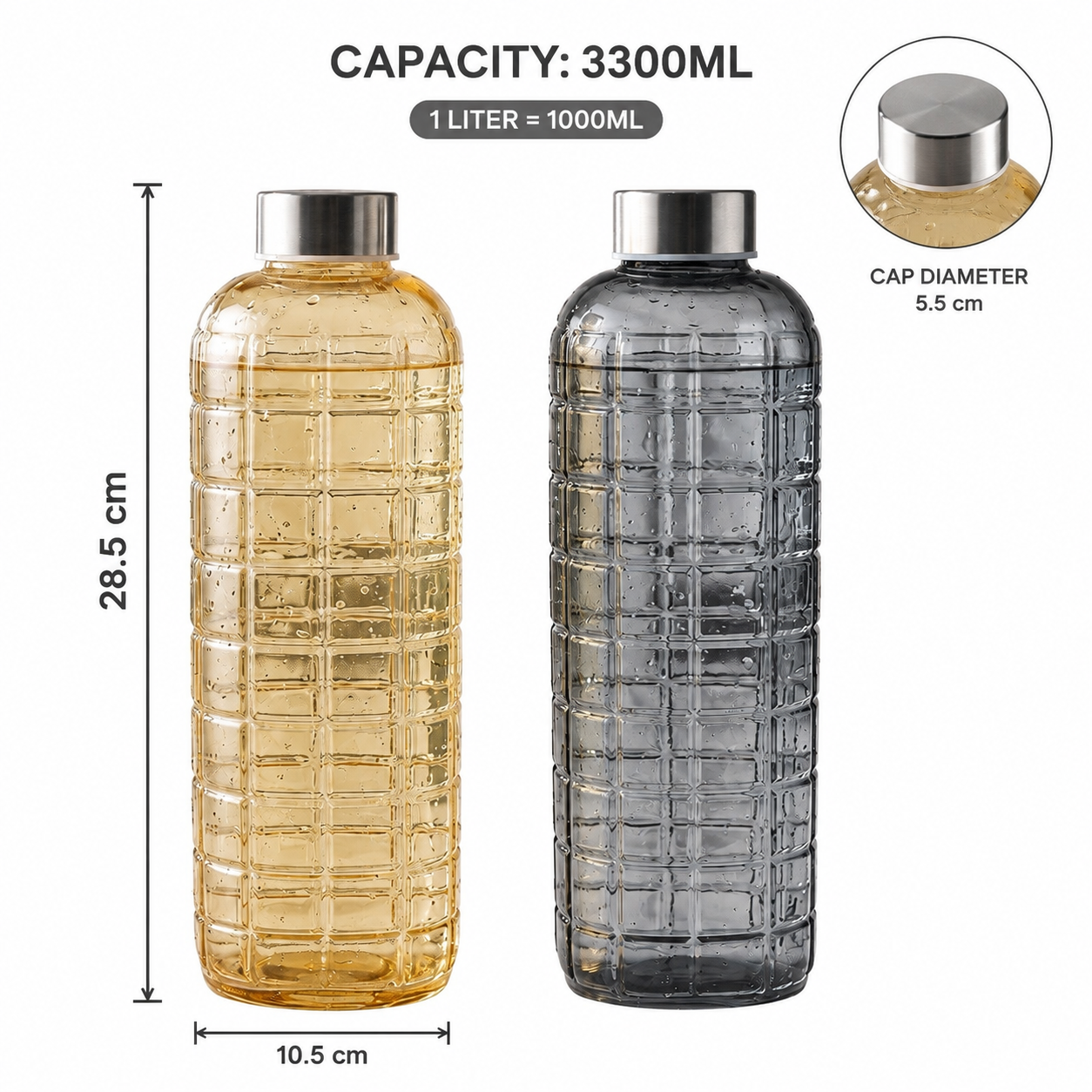 Elegant Grid Design Glass Water Bottle, Glass Water Bottle With Metal Cap, Luxury Embossed Glass Water Bottle, Aesthetic Grid Pattern Glass Bottle