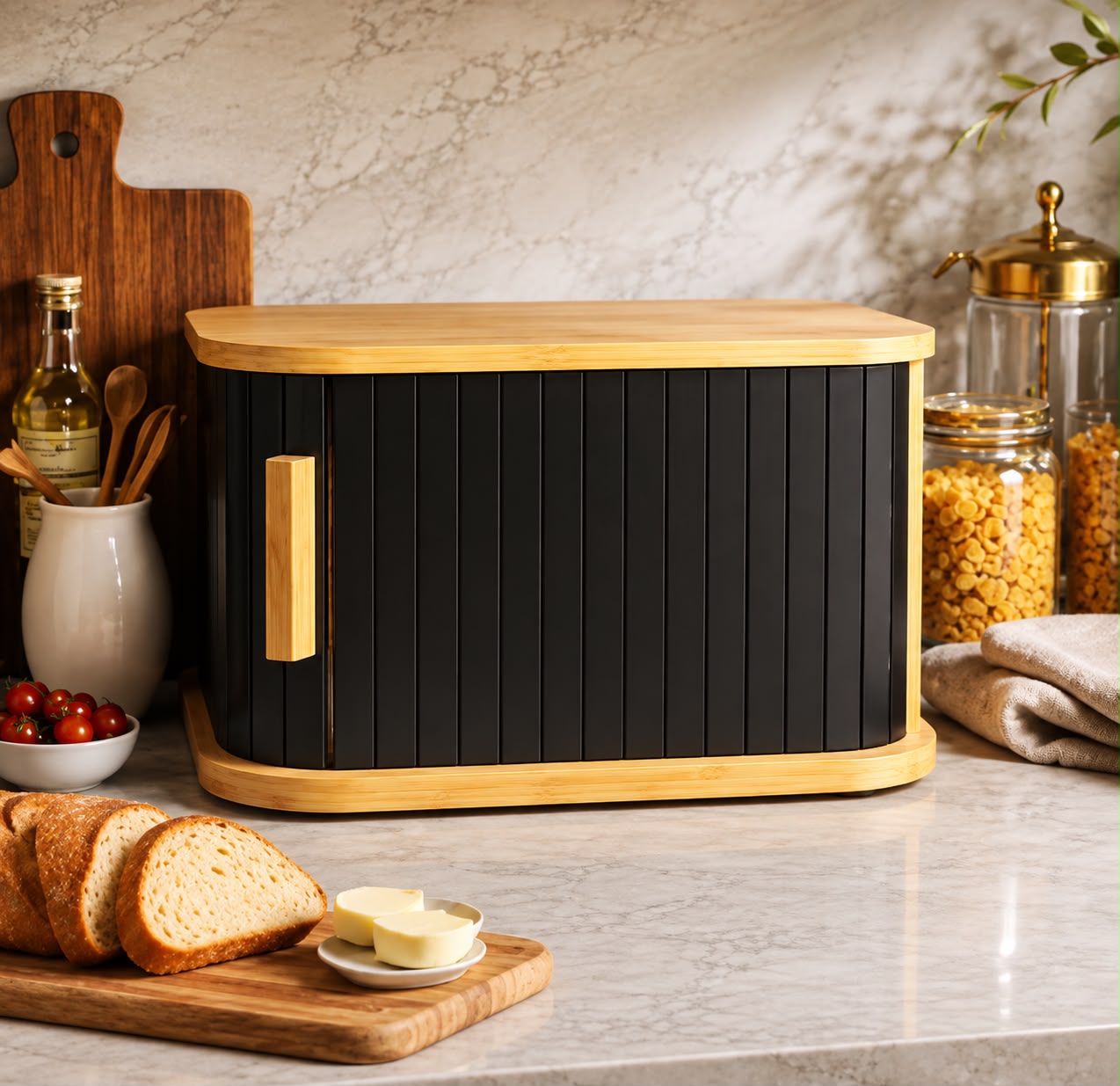 Bamboo Bread Container With Sliding Door, Countertop Wooden Bread Storage Box, Premium Wooden Bread Storage Container