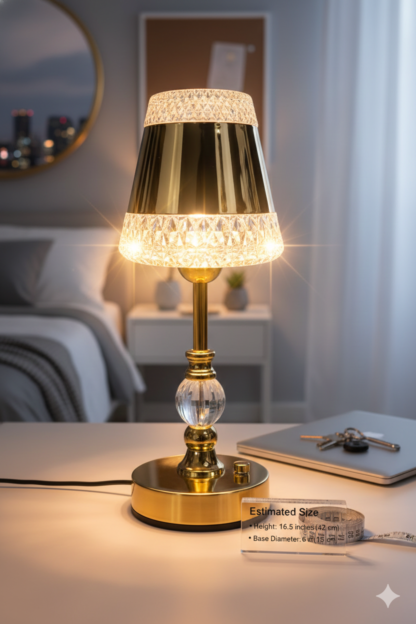 Crystal Spire Gold Desk Lamp, Elegance Cylinder LED Lamp, Art Deco Crystal Lamp