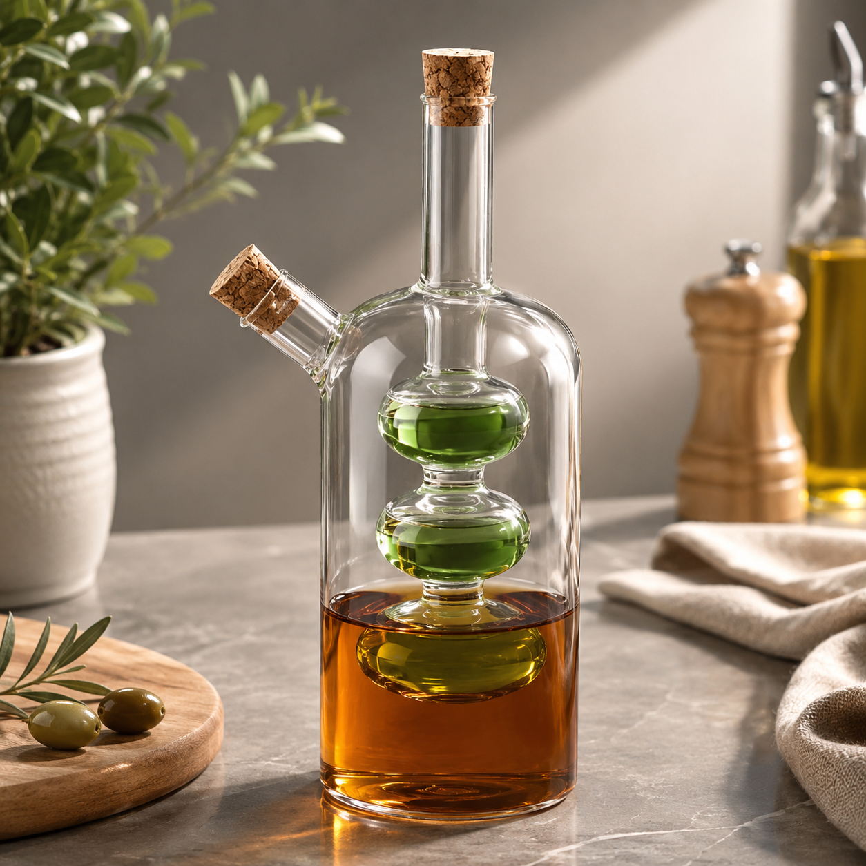Dual Chamber Kitchen Oil Bottle, Elegant Glass Oil Dispenser Bottle, 2 In 1 Glass Oil & Vinegar Bottle