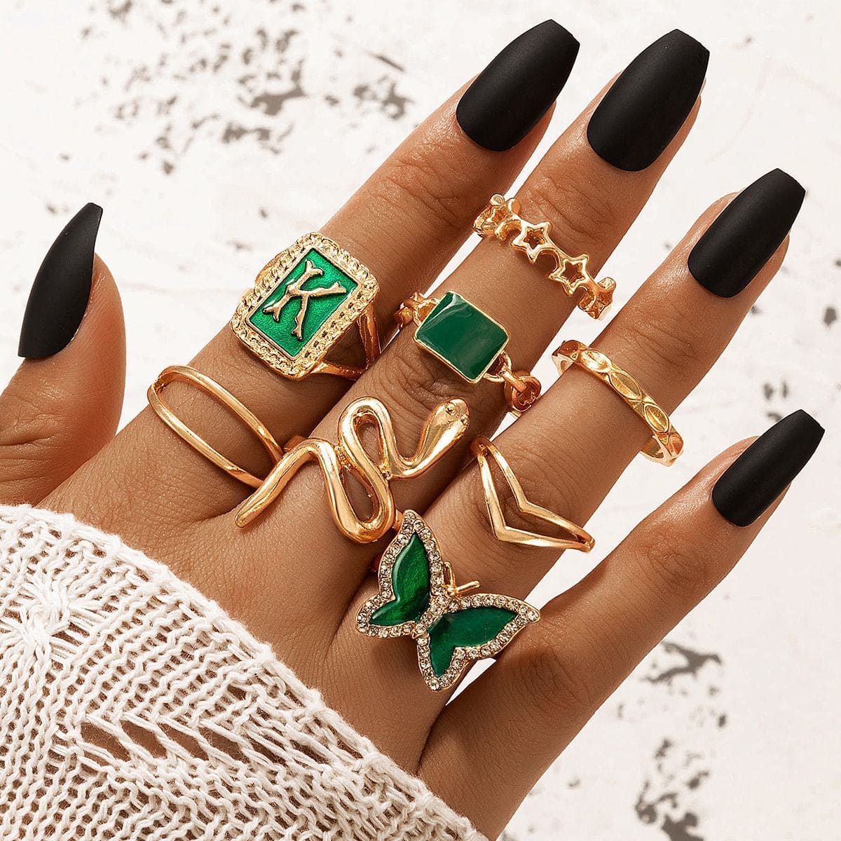 Set Of 8 K Snake Rings, Multi Element Geometric Ring Jewellery, Snake & Butterfly Decor Ring, Green K Letter Snake Butterfly Pentagram Ring For Women