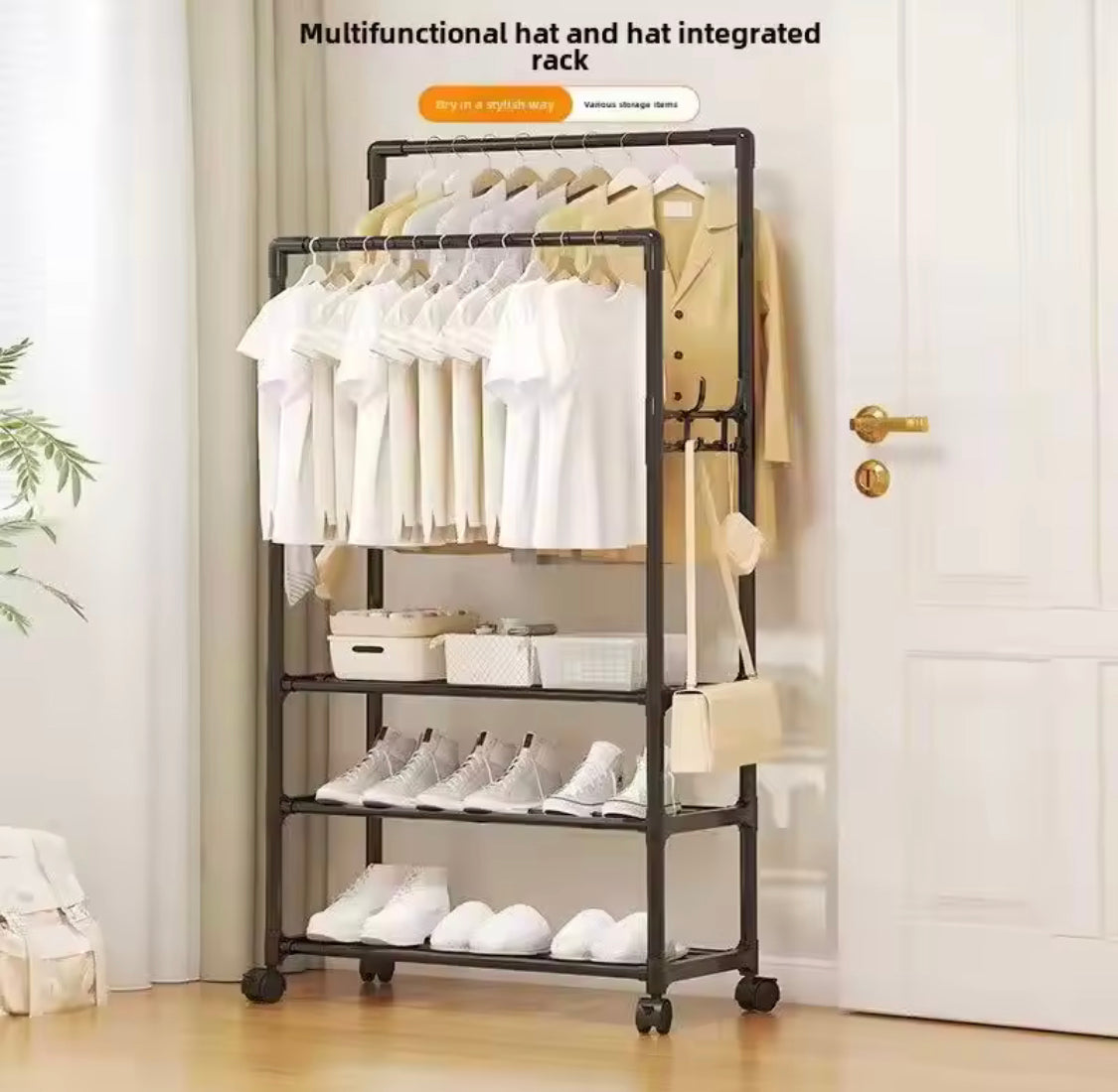Multifunctional Metal Clothes Rack With Storage Shelves, Homlly Entryway Coat Rack with Shoes Organizer, Bedroom Living Room Hanger, Living Room Clothes Storage Rack