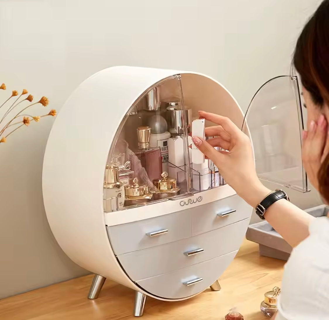 Oval Shape Cosmetic Organizer With Drawer, Makeup Sundries Storage Organizer, Cosmetic Display Case, Dust Proof Storage Rack