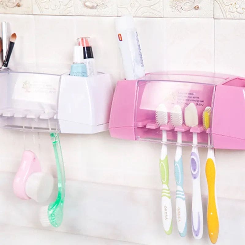 Multifunctional Toothbrush Rack, 5 Slot Toothbrush Holder, Wall Mounted Bathroom Toothbrush Holder, Family Bath Toothpaste Storage Rack, Suction Cup Bathroom Tools Toothbrush Rack