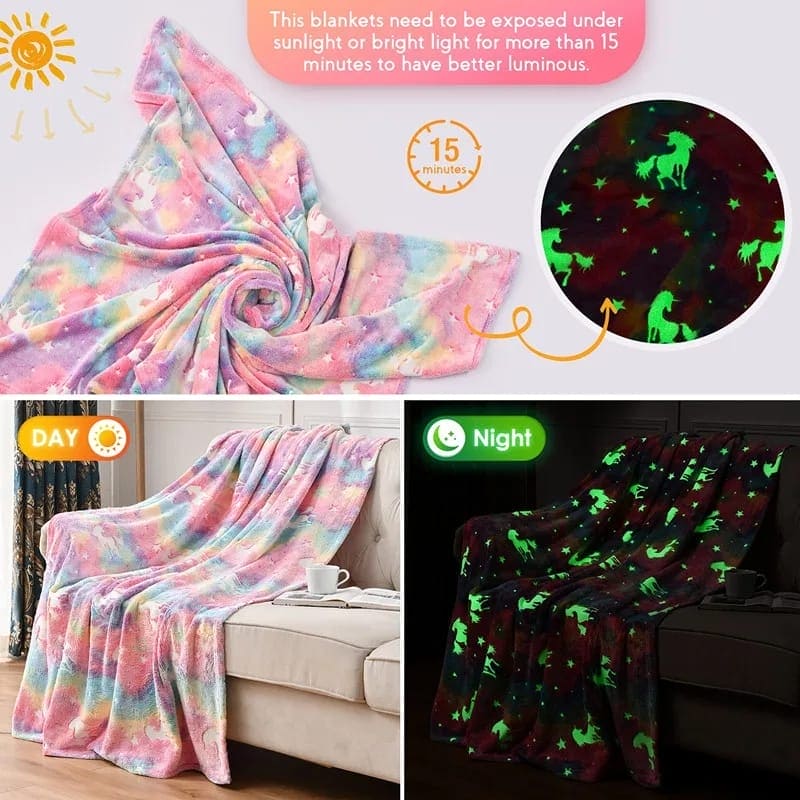 Glow In The Dark Blanket, Luminous Glowing Blanket For Kids, Super Soft Cozy Warm Rainbow Blanket, Unicorns Flannel Throw Blanket, Sleepiwsh Unicorn Kids Glow Throw, Rainbow Blanket Birthday for Toddler Kids, Cozy Soft Fluffy Fleece Nap Sleep Blankets