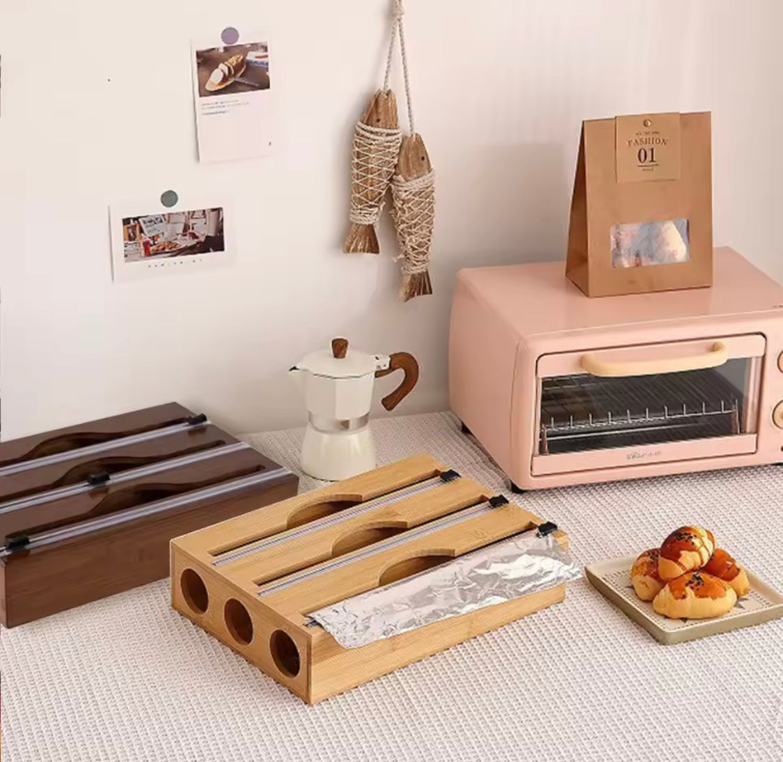 Wall Mounted Bamboo Foil Cling Film Cutter, Foil Dispenser With Cutter, Kitchen Wrap Dispenser, Kitchen Organization, Bamboo Plastic Film Cutter, Wall Film Dispenser