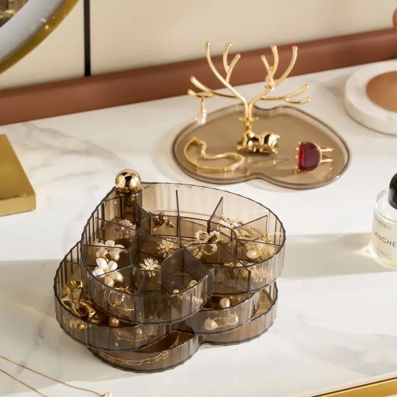 Little Deer Jewellery Organizer, 3 Layer Rotating Necklace Jewelry Box, Light Luxury Heart Desktop Sundries Makeup Organizer, Elegant Decorative Necklace Earrings Bracelet Container, Acrylic Jewelry Display Stand, Large Capacity Striped Box