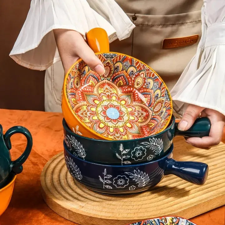 Decorative Ceramic Soup Bowl with Handle, Handcrafted Floral Ceramic Bowl, Colorful Pattern Soup And Ramen Serving Bowl Vintage Floral Ceramic Bowl with Handle
