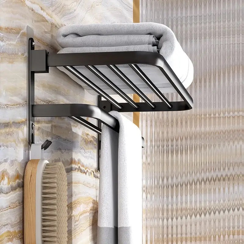 Double Folding Bath Towel Holder, Wall Matte Black Towel Rack, Bath Accessories Organizer, Self Adhesive Towel Bar, Aluminum Alloy Towel Rack, Kitchen Bathroom Shelves with Double Bar, Multifunction Double Towel Bracket