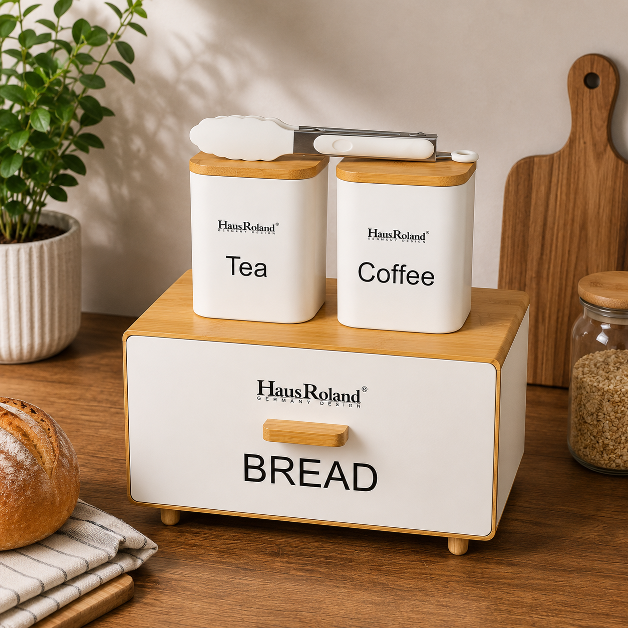 Wooden Bread Box And Tea Coffee Storage Set, Multipurpose Bread Storage Canister Set, Kitchen Bread Box Storage Set, Kitchen Counter Bread Box Organizer