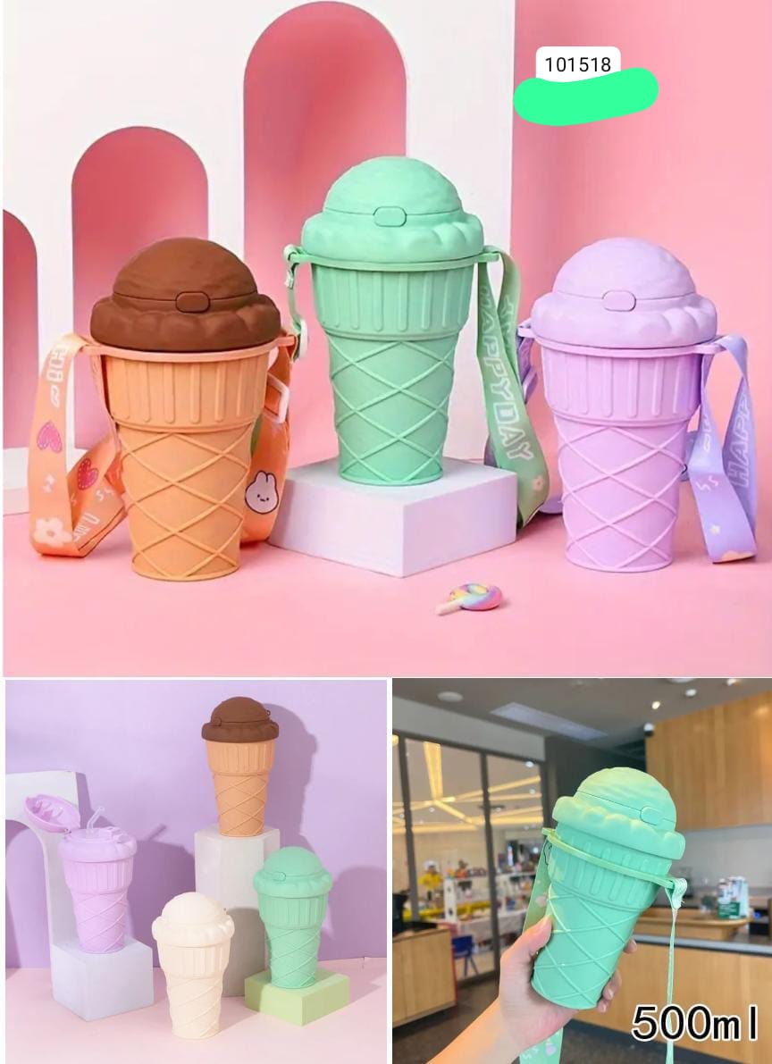 500ml Ice Cream Shape Water Bottles, Water Bottle with Straw, Cute Water Bottles with Adjustable Strap