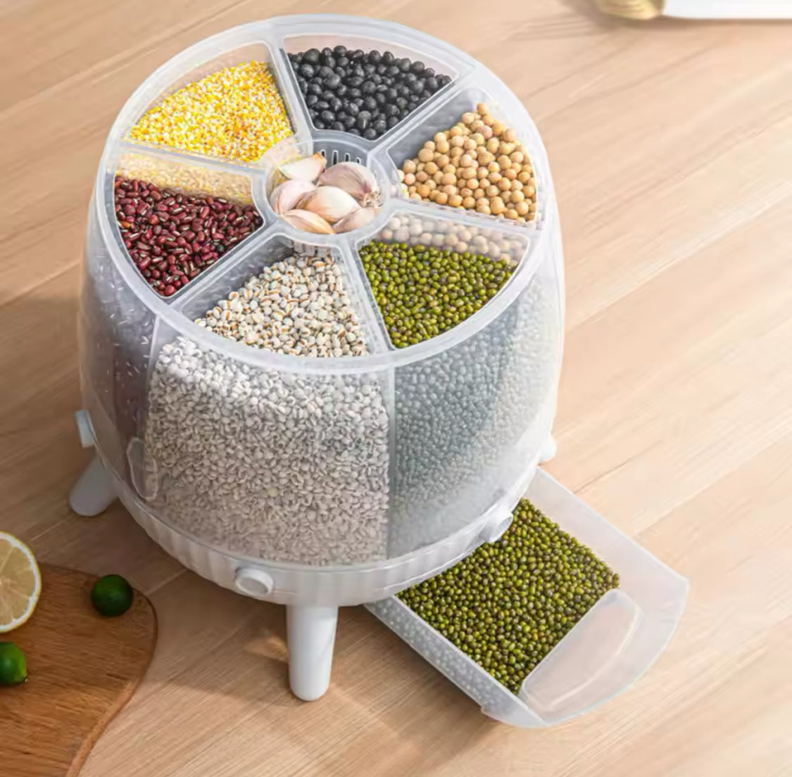 10kg Octopus Style Rotatable Cereal Dispenser, Multi Compartment Grain Dispenser, Rotary Partition Sealed Jar, Round Rice Storage Tank