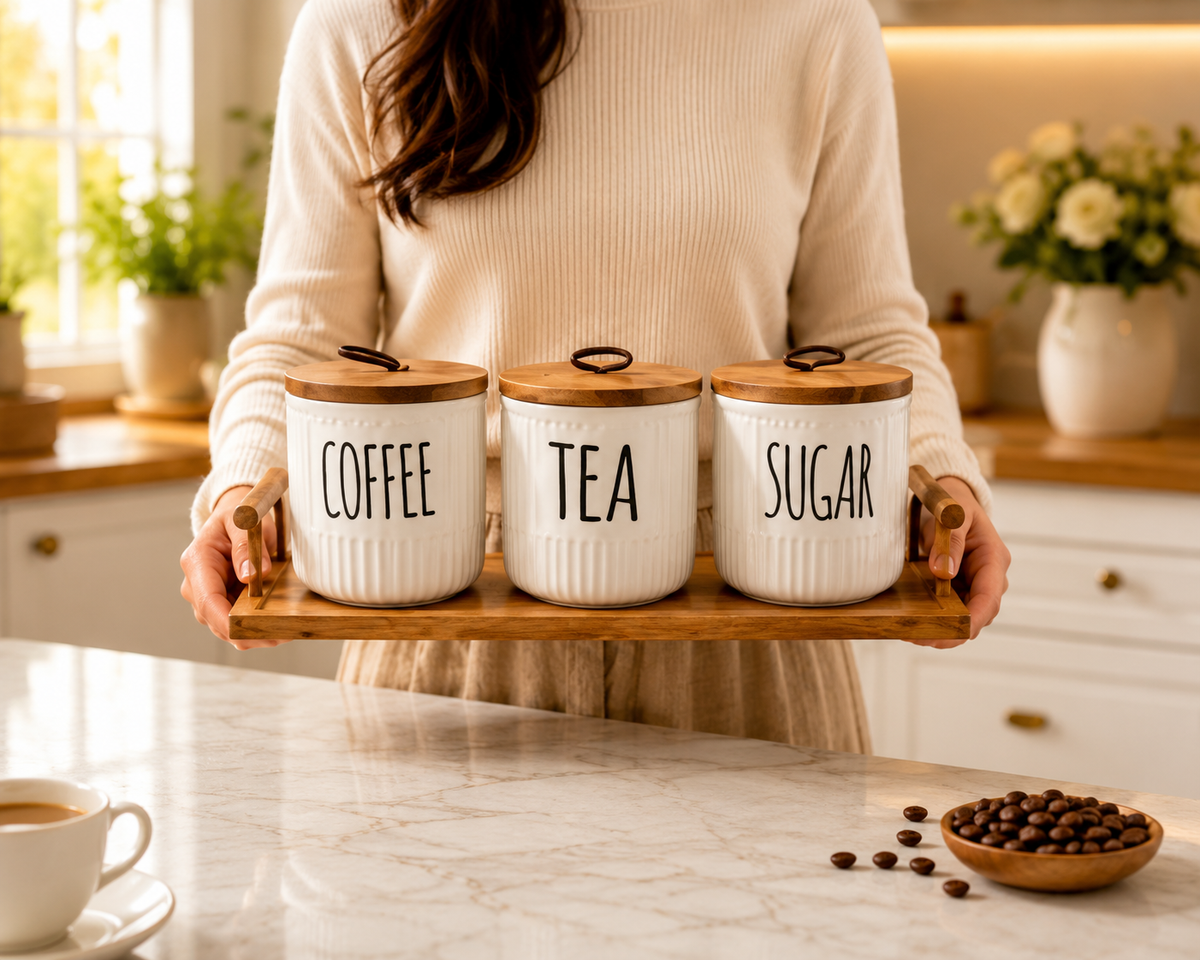 3pcs Ceramic Coffee Tea Sugar Pot Set, Elegant Ceramic Canister Set with Wooden Tray, Classic Ribbed Kitchen Jar Set