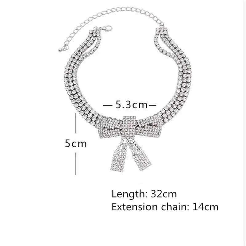 Shiny Crystal Bowknot Necklace, Long Tassel Rhinestone Necklaces, Luxurious Bowknot Pendant Necklace, Sparking Crystal Pave Bowknot Pendant, 3D Bowknot Pendant Necklace Jewellery