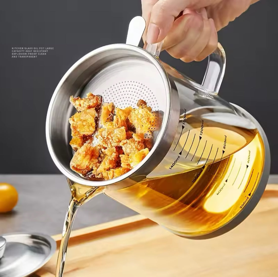 Transparent Glass Oil Filter Jar With Scale, Filter Oil Storage Tank, Oil Filter Pot, Filter Oil Pot With Stainless Steel Fry Strainer, Oil Container Jar, Glass Oil Kettle