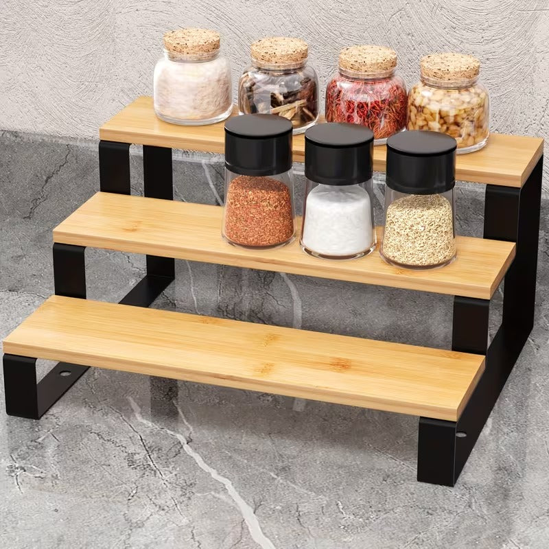 3 Step Bamboo Seasoning Organizer Shelf, Spice Storage Holder, Wooden Display Spice Rack Stand, Kitchen Gadgets