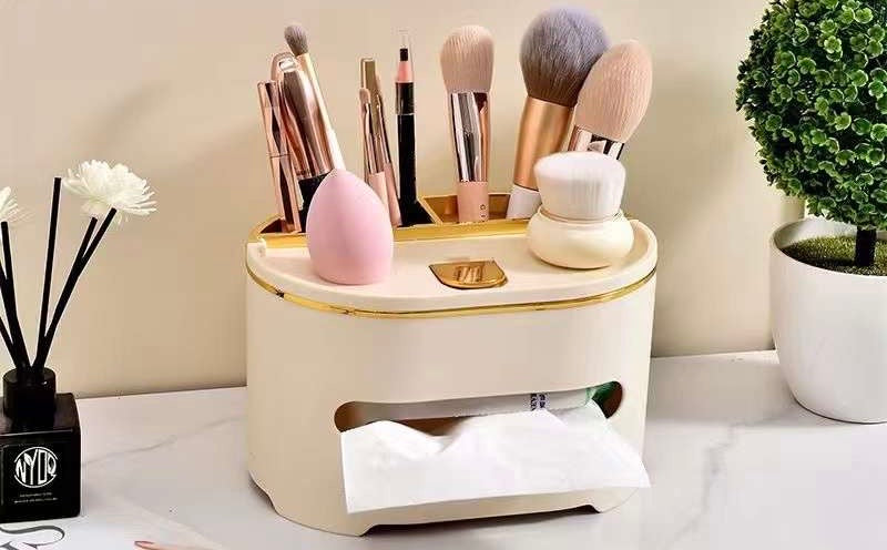 Tissue Organizer With Makeup Brush Holder, Desktop Tissue Box With Mobile Phone Holder, Remote Holder, Multifunctional Sundries Container