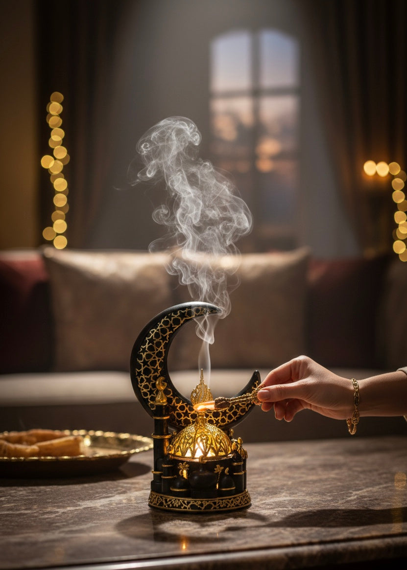 Royal Crescent Ramadan Incense Lamp, Ramadan Moon Bakhoor Burner, Luminous Crescent Oud Burner