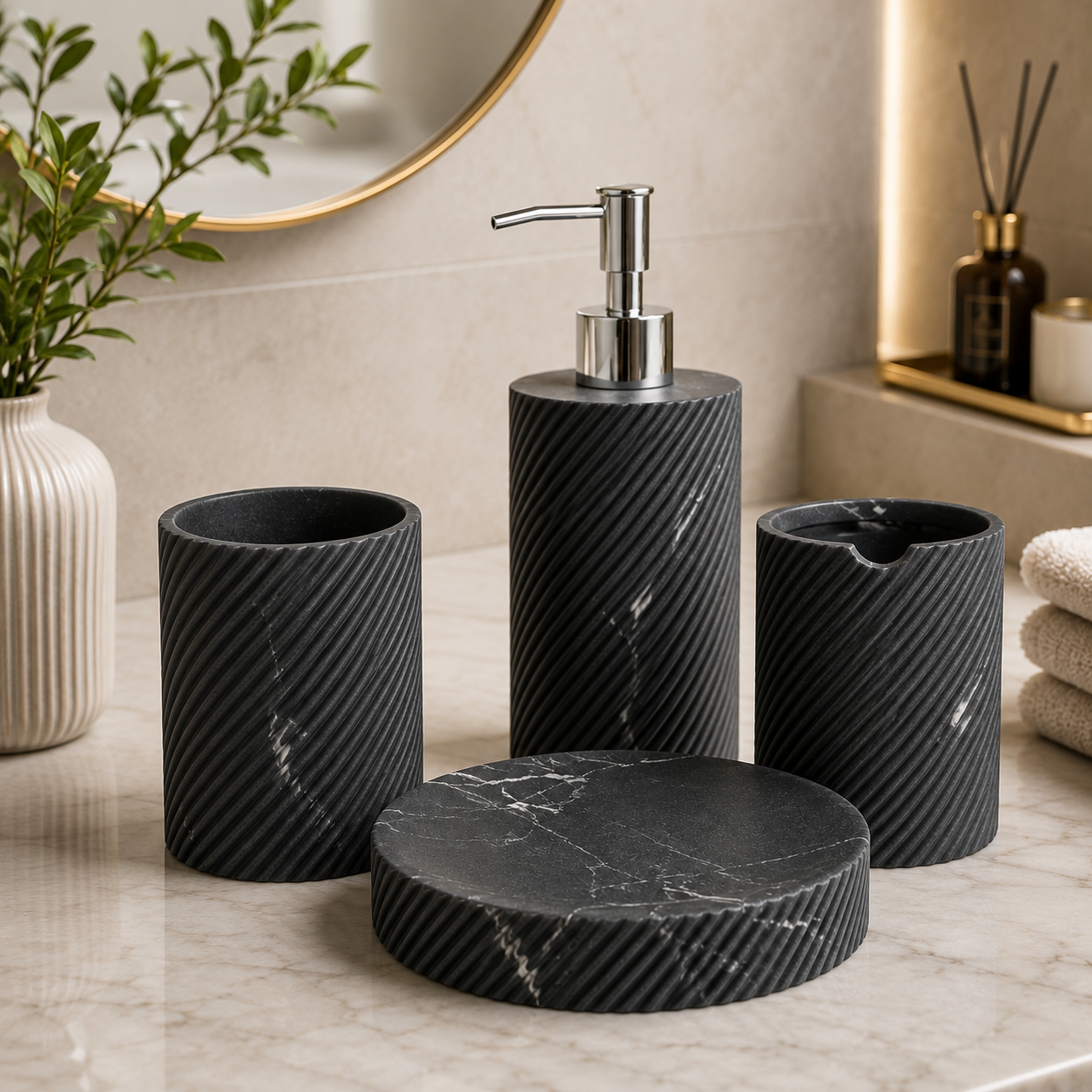 Luxury Marble Bathroom Accessory Set, Nordic Bathroom Organizer Set, Premium 4pcs Bathroom Set, Elegant Bathroom Essentials Set