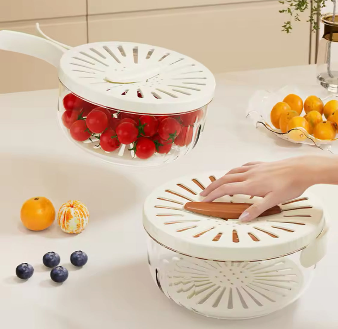 Foldable Fruit Drain Basket With Lid, Salad Mixing Vegetable Washing Bowl, Household Draining Bowl, Refrigerator Food Storage Container, Multipurpose Drain Basket With Adjustable Cover and Handle
