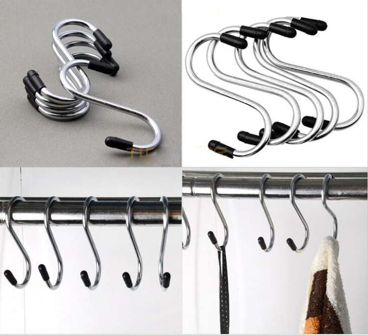 6pcs S Shaped Steel Hooks Set, Towels Hook Set, Shower Curtain Hook Rings, Kitchen Table Cloth Hanging Hook Set