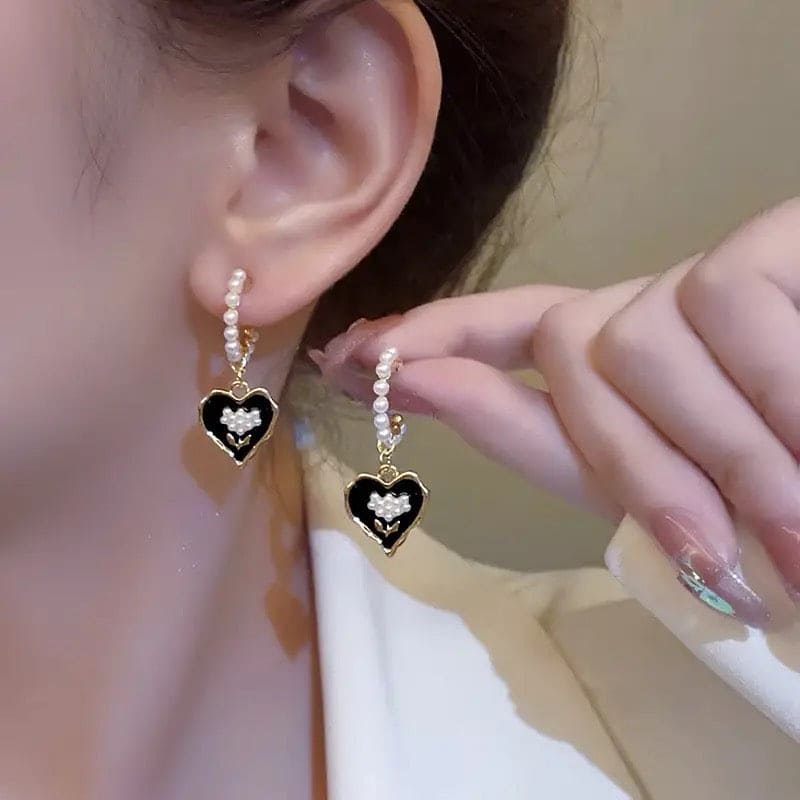 Black Tulip Pearl Earring, Retro Pearl Love Stud Earrings, Women Luxury Sensation Pearl Earring, Love Heart Flower Ear Jewelry