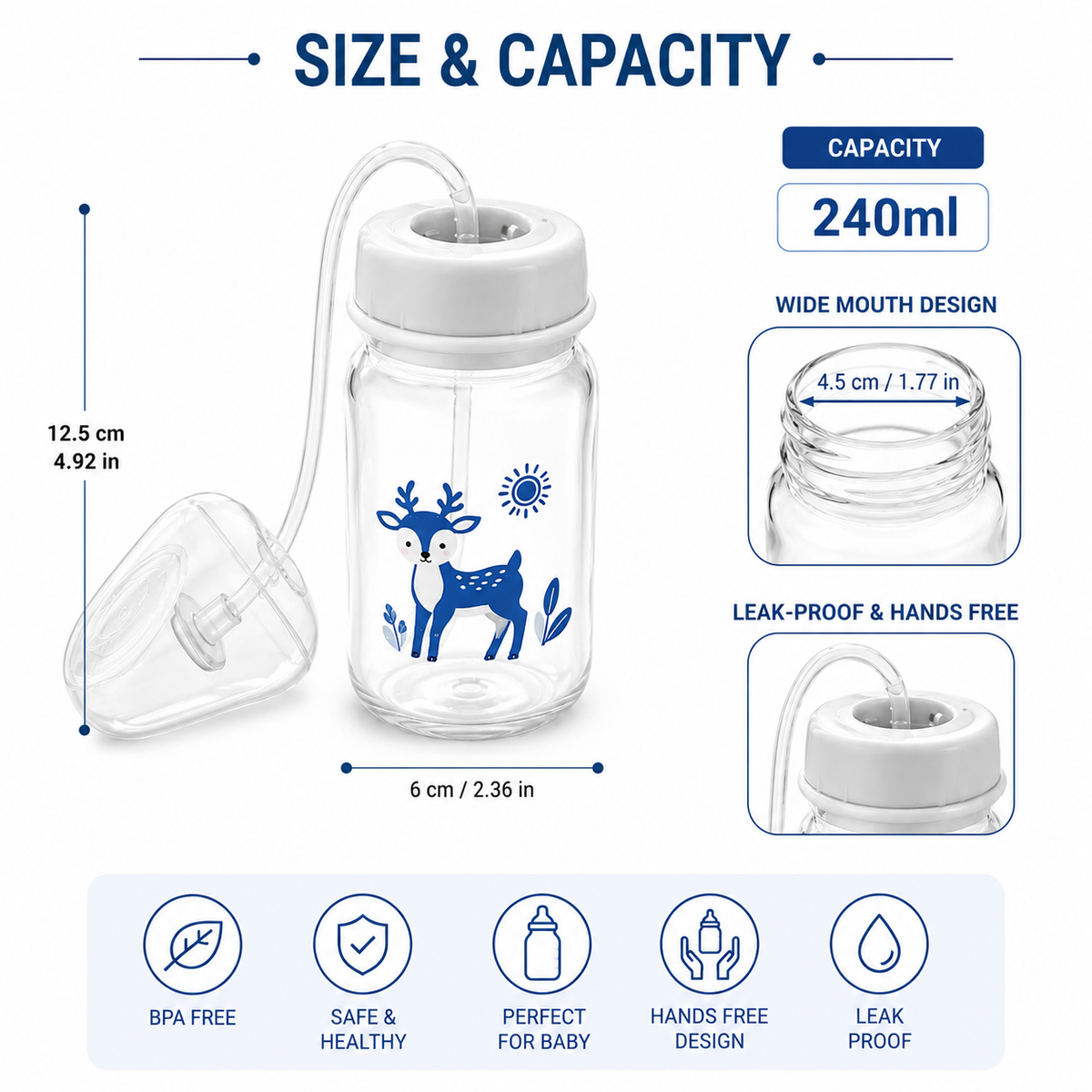 Hands Free Baby Feeding Bottle, Anti Colic BPA Free Nursing Bottle with Silicone Tube, Self Feeding Baby Milk Bottle