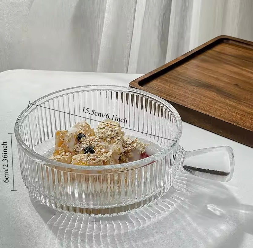Elegant Ribbed Glass Bowl With Handle, Tableware Glass Salad Bowl, Transparent Glass Food Bowl,     Ribbed Glass Yogurt & Dessert Bowl
