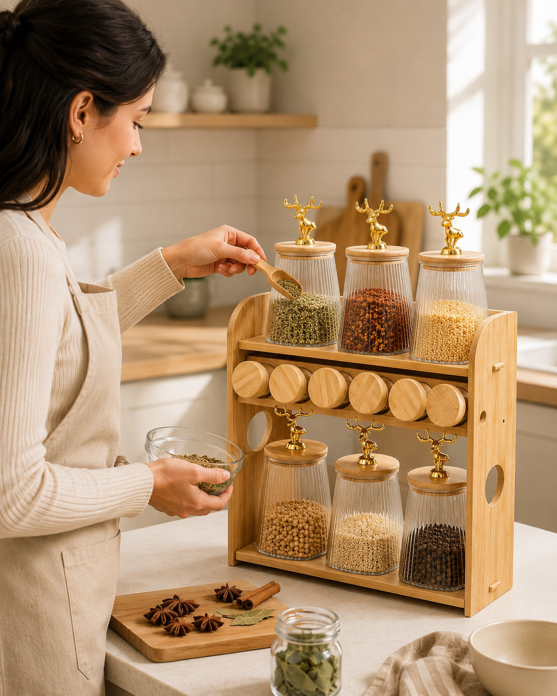 12pcs Wooden Spice Jar Organizer, Decorative Glass Canister Set, Luxury Wooden Spice Rack, Nordic Deer Spice Organizer