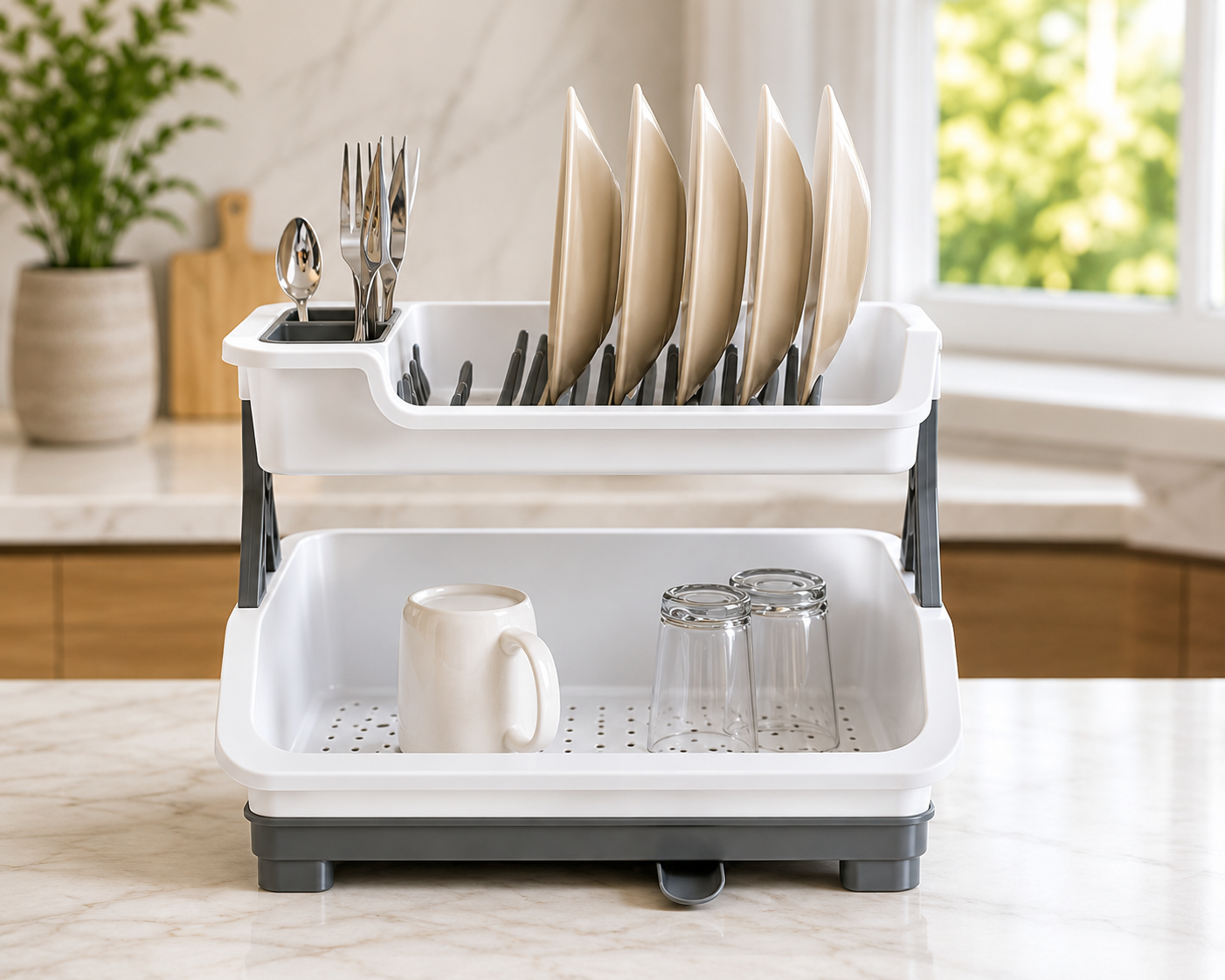 2 Tier Dish Drying Rack with Cutlery Holder, Utensils Dishes Drying Drainer, Kitchen Bowl Plate Tableware Rack, Dinnerware Organizer Basket