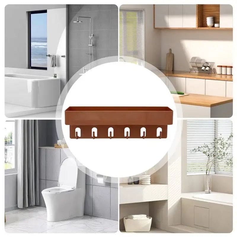 Shower Caddy Basket With Hooks, Wall Mounted Floating Shelf, Multipurpose Countertop Basket, Bathroom Kitchen Storage Rack, Self Adhesive Storage Rack With Hook, Nordic Kitchen Bathroom Rack
