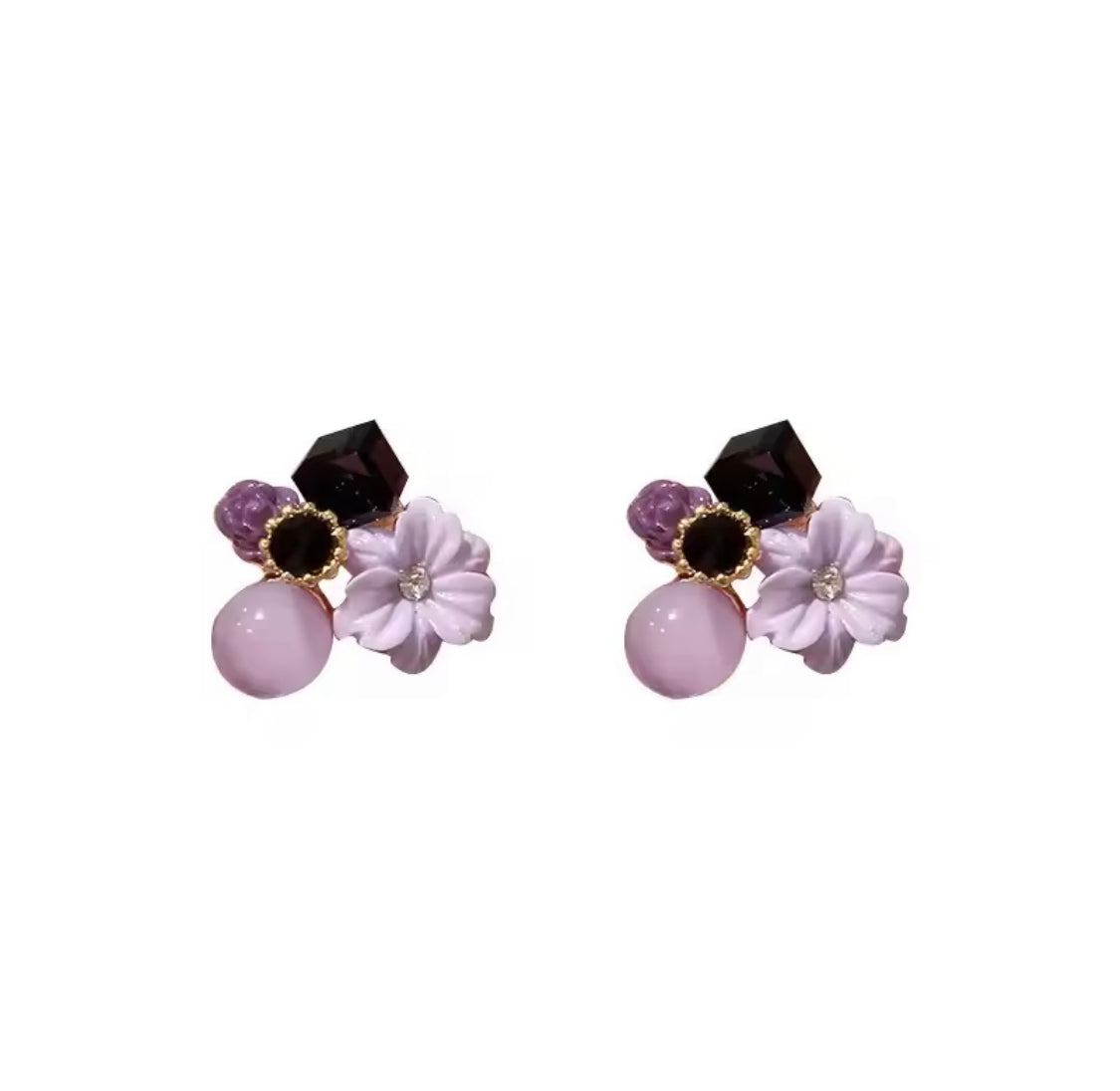 Crystal Purple Flower Beads Stud Earrings, Small Simple Earrings, Purple Floral Design Studs Earrings, Jewellery Accessories